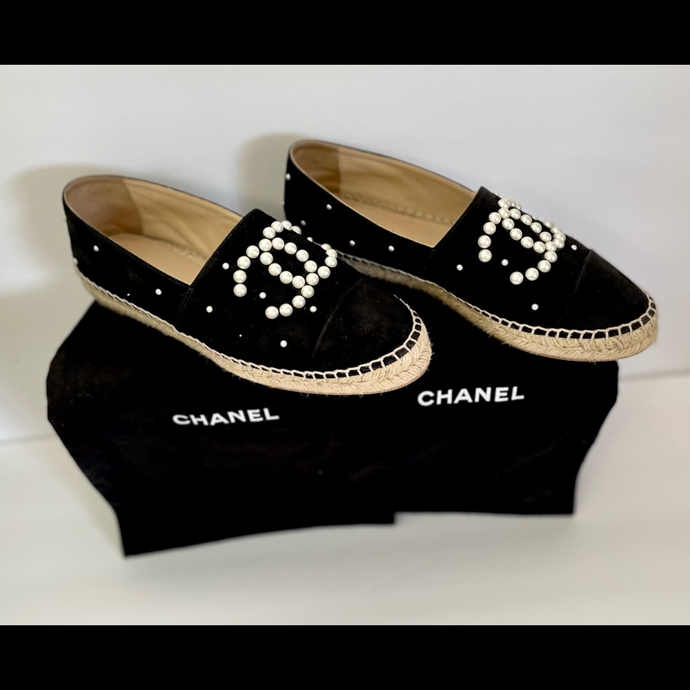 Chanel Black Suede Leather Pearl Espadrille SOLD